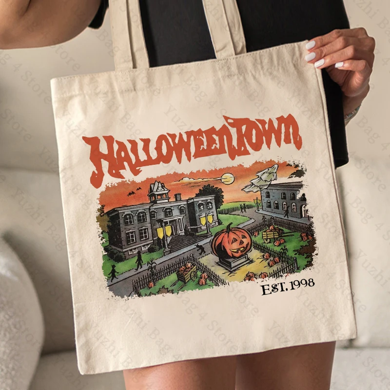 Halloweentown Pattern Tote Bags Casual Canvas Shopping Bags Shoulder Bag Halloween Gift Bags Large Capacity Shopping Bag