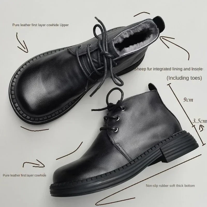 Wide Toe Genuine Cow Leather Real Wool Boots Women Winter 2025 Nose Short Ankle Boots Sheepskin Sheep Fur Cotton Shoes Anti Slip