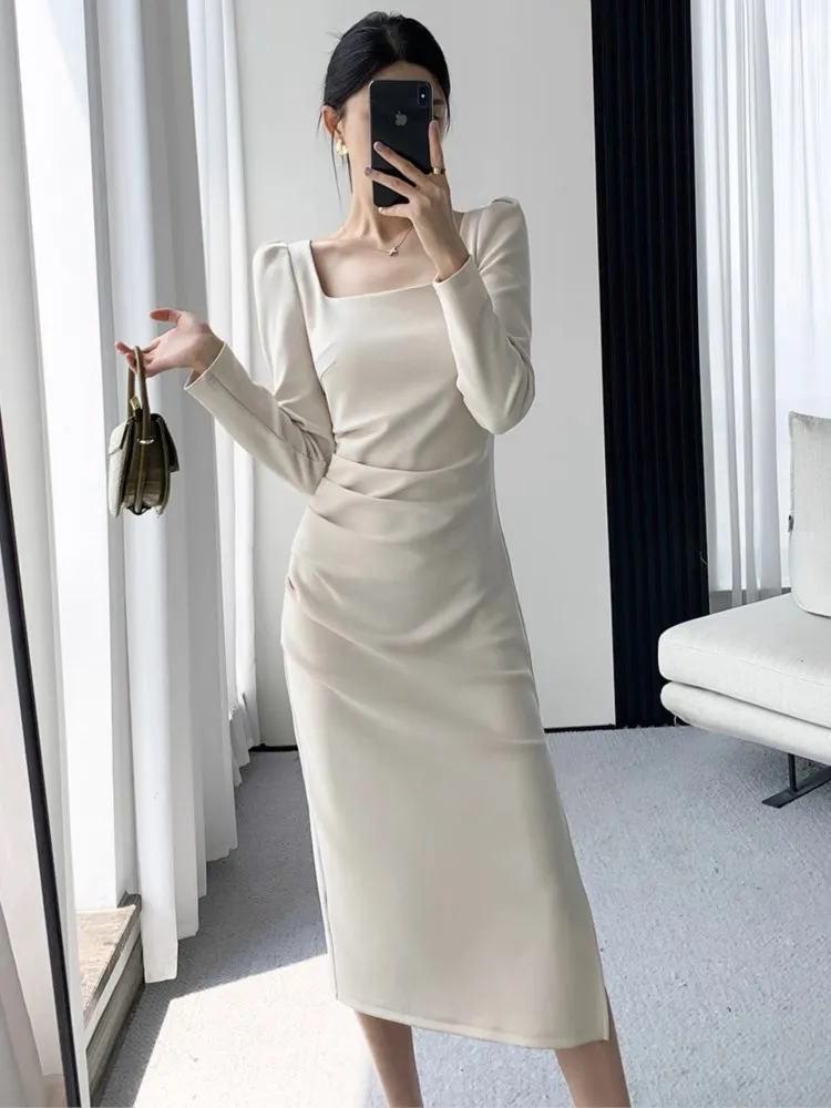 Elegant Long Sleeve Midi Dresses for Women Square Collar Slim Waist Bodycon Split Dress Autumn New Solid Office Lady Vestidos