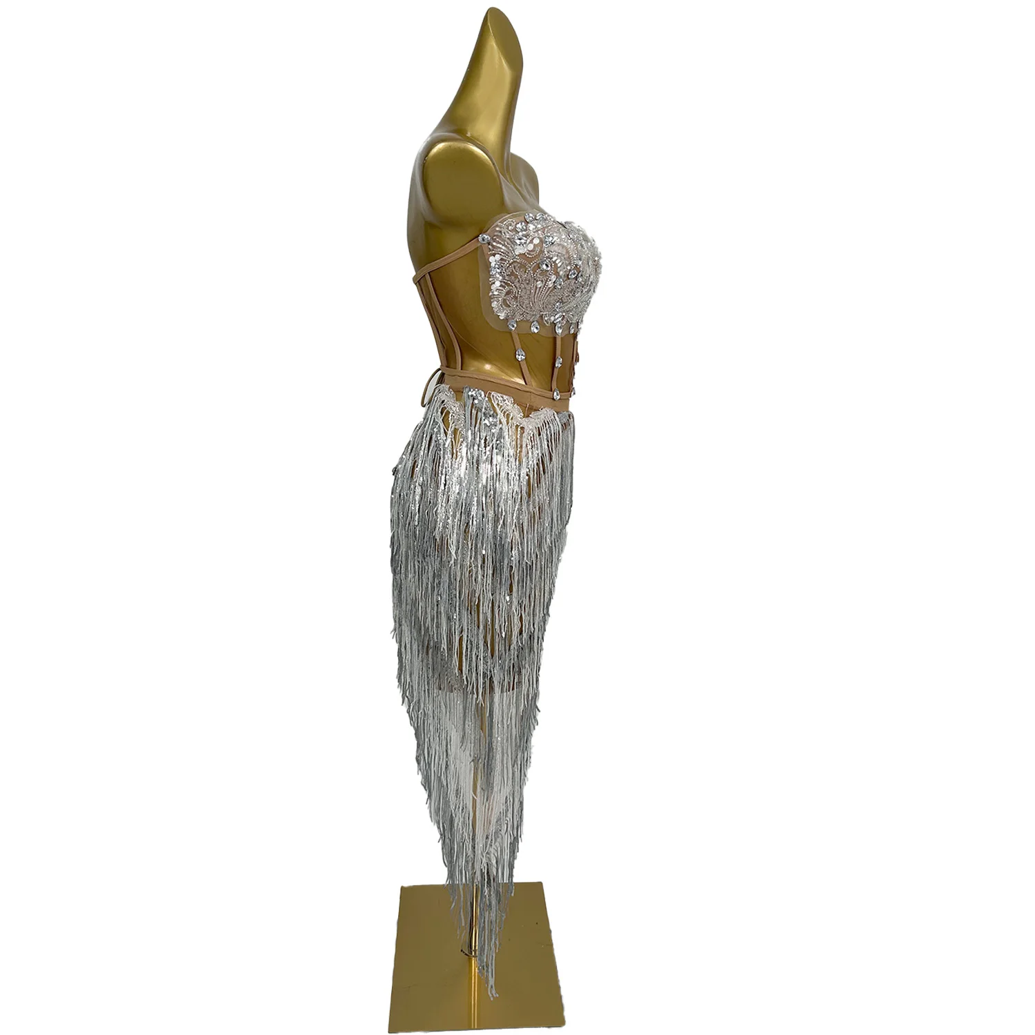 Rok Mini Atasan Crop Tanpa Tali Rumbai Payet Berlian Imitasi Set 2 Potong Pakaian Punggung Terbuka Wanita Seksi Pakaian Pemotretan Pesta Wenrou