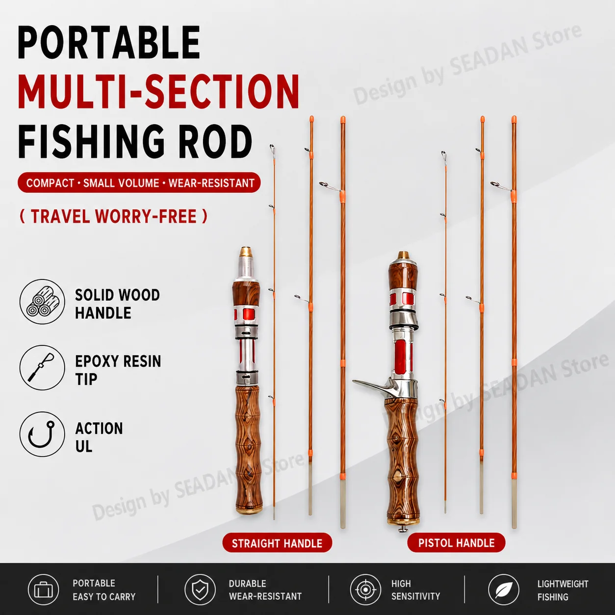 

1.4m Sectional Lure Rod, Solid Wood Handle, UL Action, Spinning & Casting, 28cm Collapsed, Portable Rod for Kids, Minnow Fishing