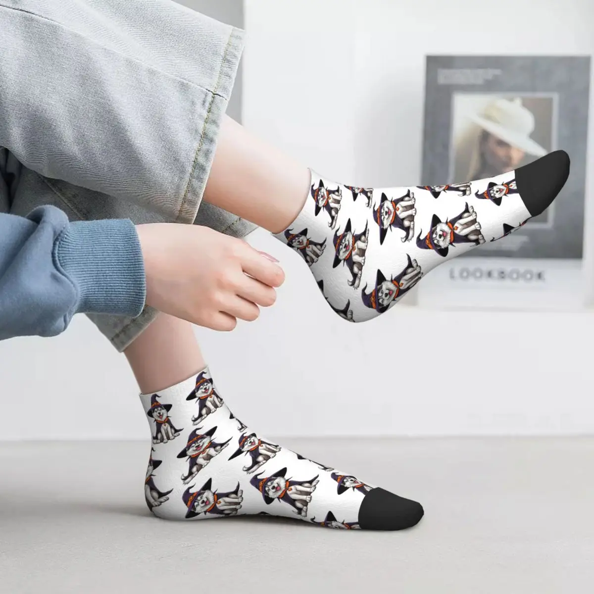 

Сибирский хаски, декор ведьмы на Хэллоуин, подарочные носки для любителей собак, чулки в стиле Харадзюку, всесезонные носки, аксессуары для мужчин и женщин