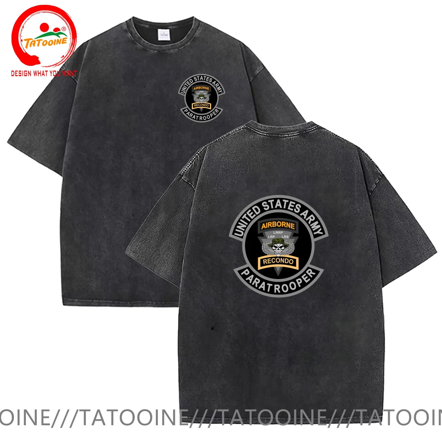 

Vintage Washed Cotton T-Shirt Funny Designer US Army Airborne Paratrooper Recondo T Shirt Men Fashion Trendy Casual Clothing