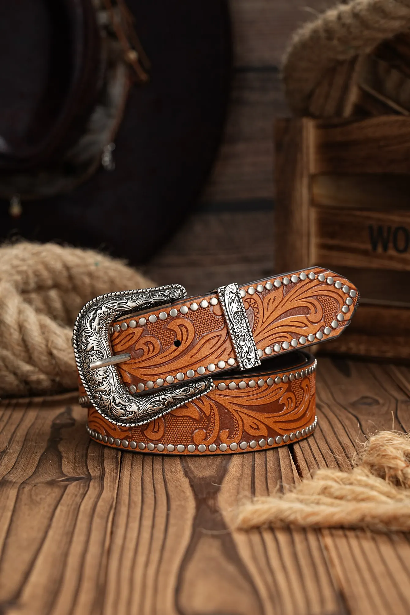 Western Cowboy PU-Ledergürtel – Herren-Hüftgurt, Stier-Dekoration, Blumenmuster, graviert für Jeans – Detail 5