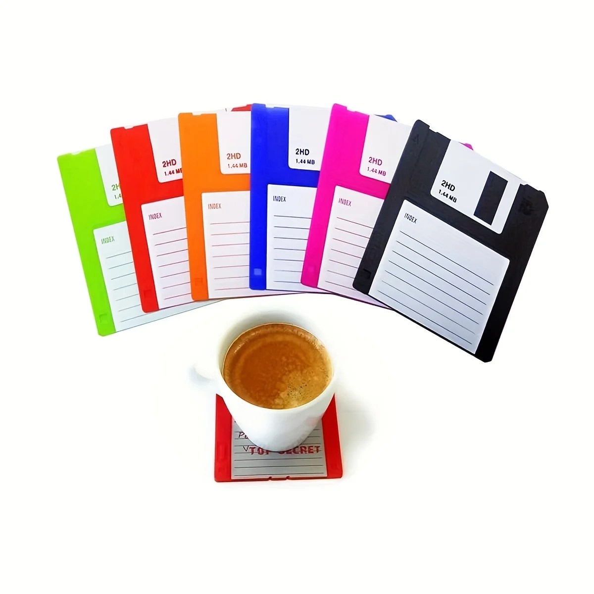 Set of 6 Silicon Floppy Disk Coasters Fun - Retro Coasters - Durable Heat Resistant - Non Slip - Good Gift