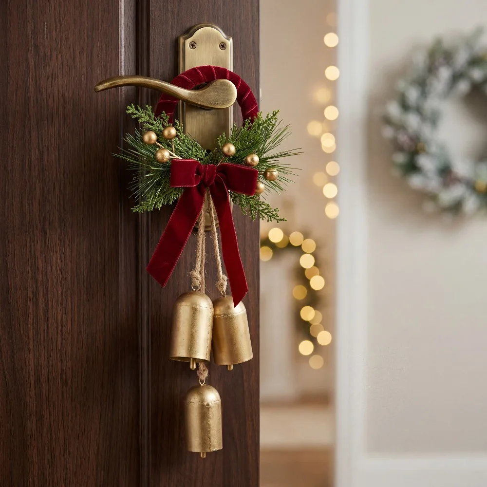 Farmhouse Christmas Wind Chime Door Hanger, Golden Bell with Pine Needles and Bow, Clear Ringing Sound Entryway Foyer Decoration