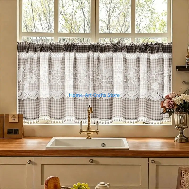 Y3NA Gingham Trim Short Curtain for Sink Glass and Cabinet Front Coverage