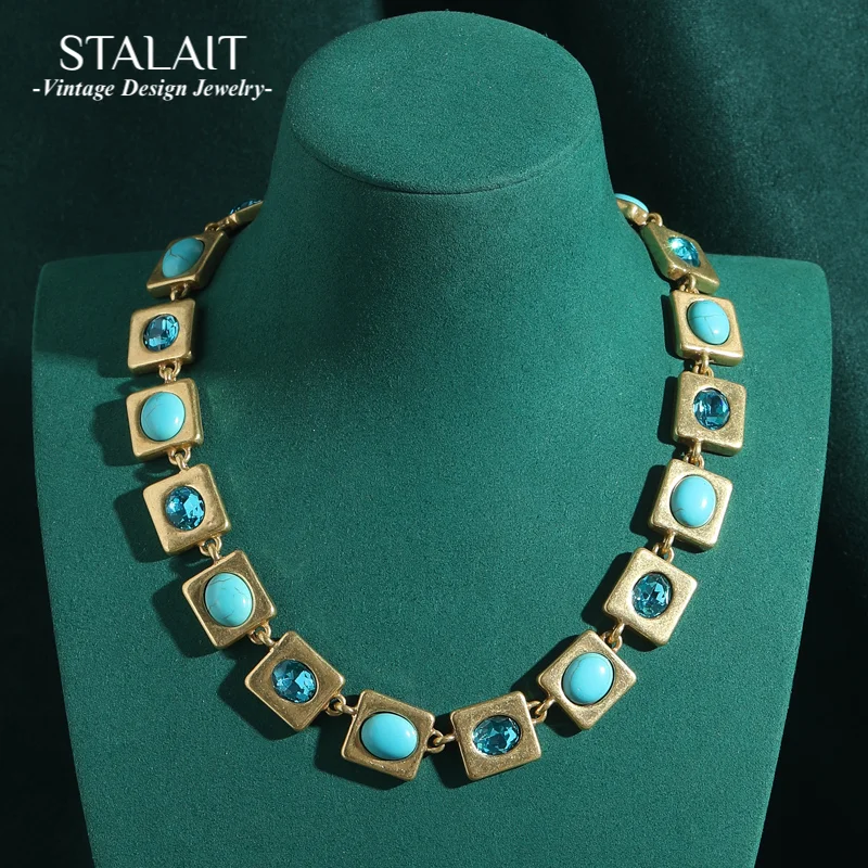 

Vintage Blue Turquoise Necklace Choker Gradient Square Antique Gold Color Green Pine Crystal Luxury Designer Jewelry 2025 New In