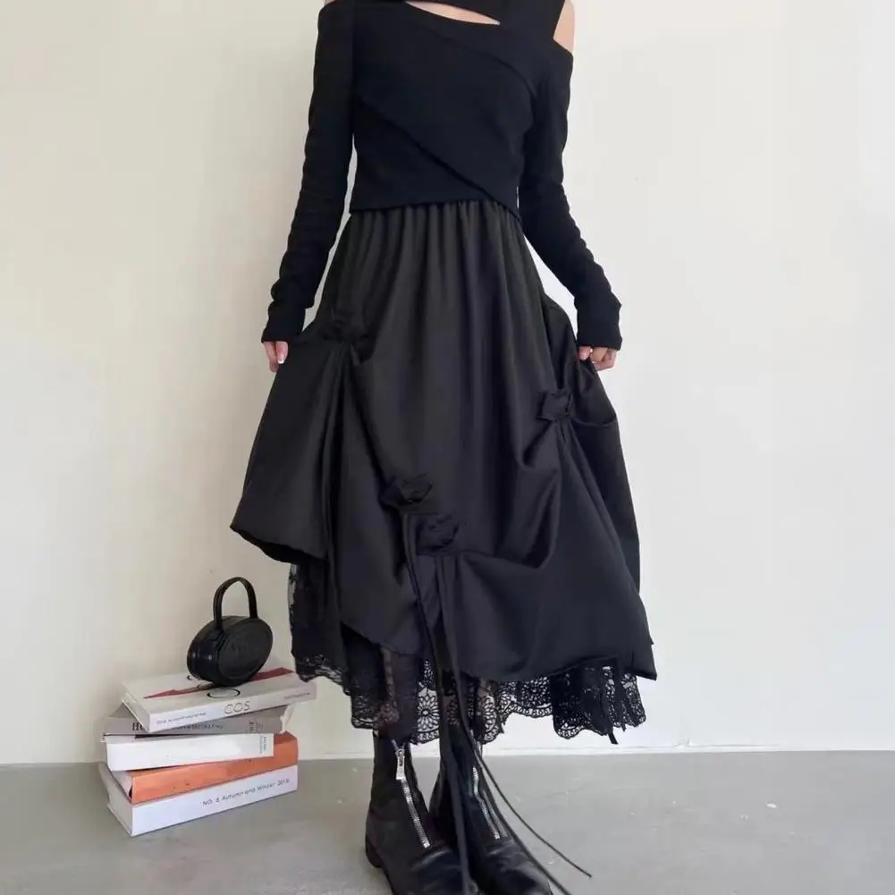 

Женская юбка миди с эластичной высокой талией, декором в виде банта, кружевной подкладкой, однотонная, А-силуэт, из дышащей ткани