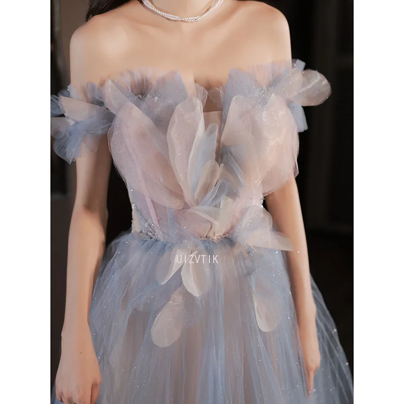 Azul sexy vestido de noite feminino tule fora do ombro sem alças apliques brilhantes lantejoulas glitter feminino a linha longo festa vestidos de baile