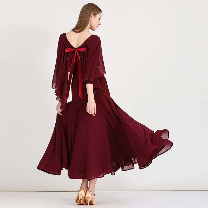 Robe de danse de salon rouge foncé pour femme, robe de flamenco de valse, costume de danse lyrique Trot enracinée, robe de Rhrose, robe de soirée