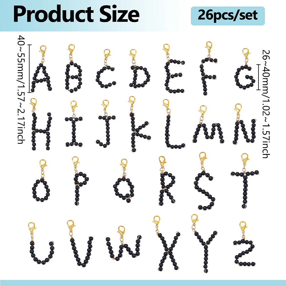 26Pcs A~Z Pendants Black Imitated Pearl Charm Alphabet Letter Charms with Golden Alloy Lobster Claw Clasps for Jewelry Bracelet