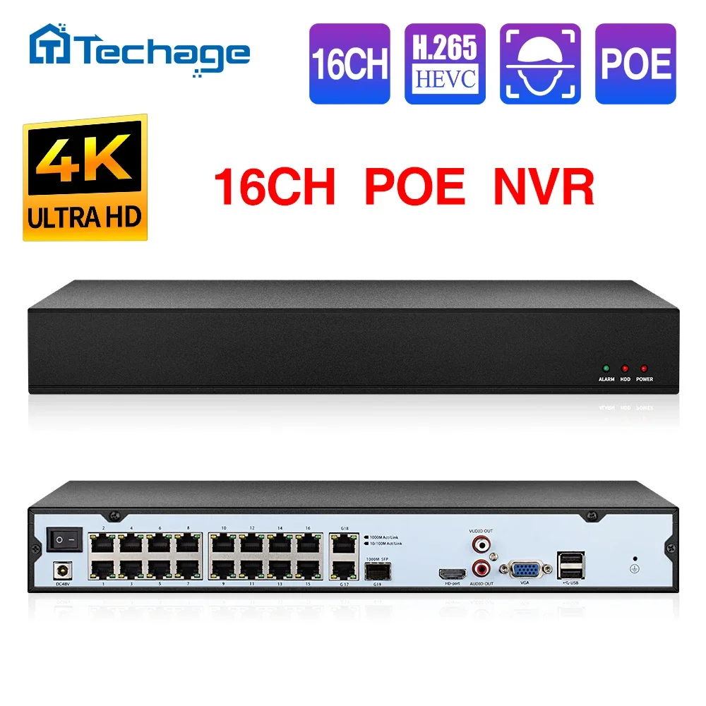 Techage H.265 16CH 4K 5MP 3MP 2MP 1080P POE NVR rilevamento facciale rete di accesso remoto NVR per sistema di telecamere di sicurezza CCTV P2P