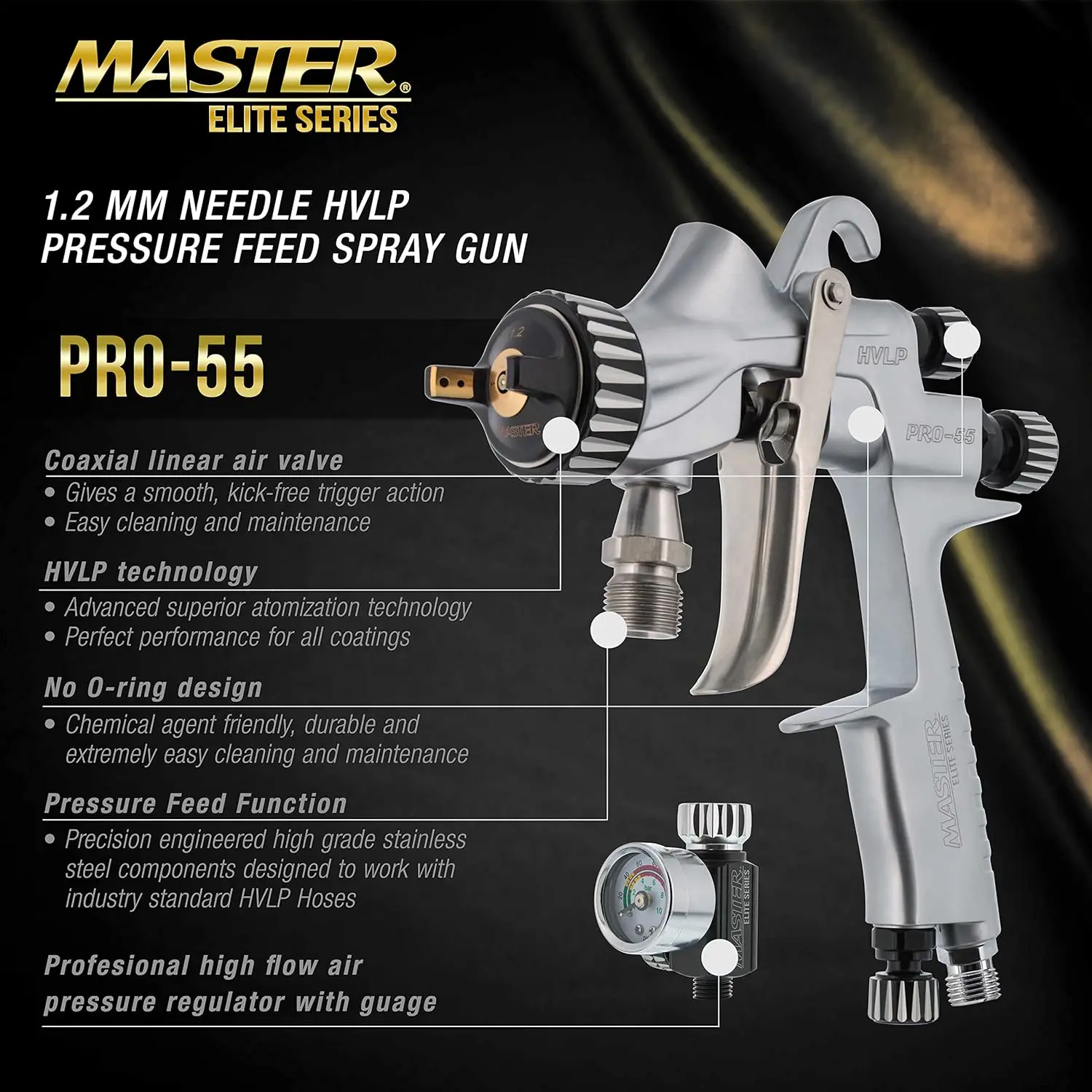 Elite High-Performance PRO-55 Series HVLP Pressure Feed Spray Gun with 1.2mm Tip - Ideal for Automotive Basecoats, Clearc