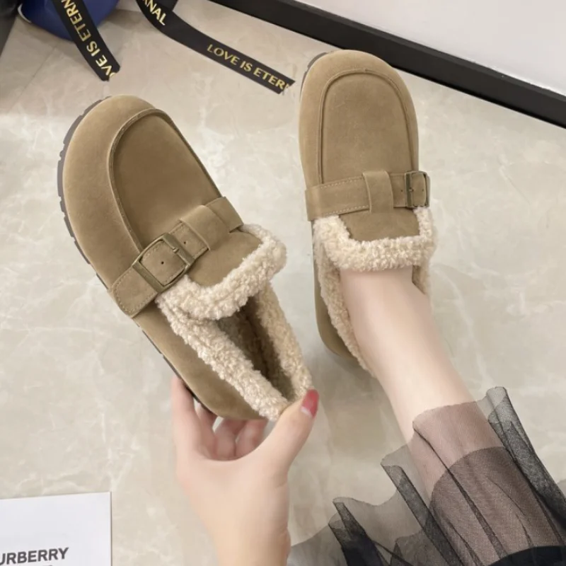 Casual Woman Shoe Autumn Round Toe All-Match Soft Loafers Fur Female Footwear New Fall Comfortable Moccasin Winter Dress Basic R