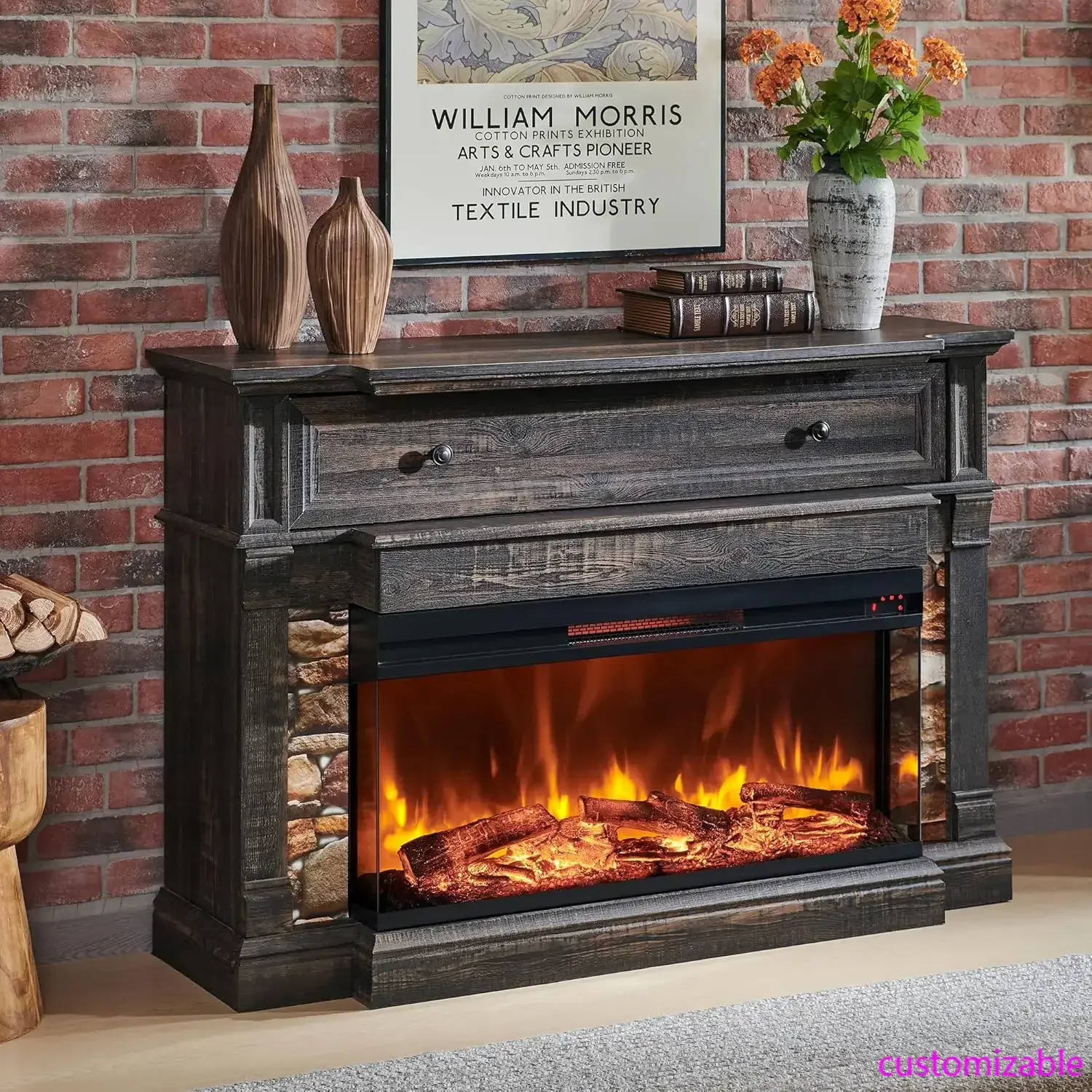 Soporte para TV con chimenea de vidrio de 3 caras para televisores de hasta 65'', chimenea eléctrica de 52'' con repisa, 36'' de alto, roble rústico oscuro