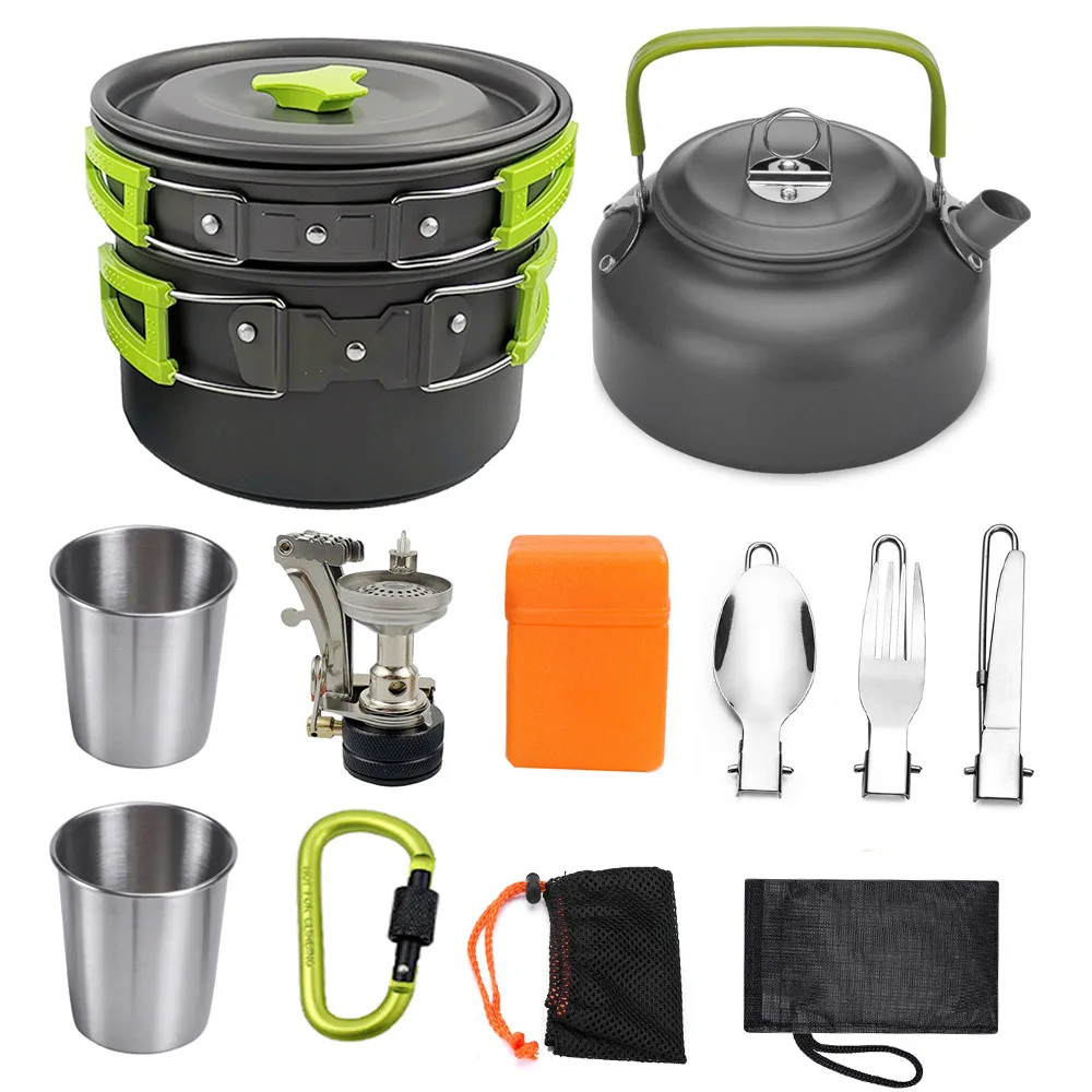 

Portable Camping Cookware Set, Outdoor Picnic Cooking Burners, Aluminum Pots, Knives, Forks, Bowls, Cutlery Barbecue Set