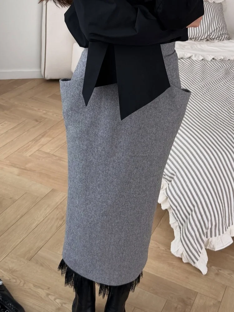 Tossy Womens High Waist Maxi Skirt Slit Fringe Hem Patch Pocket Slim Fit Autumn Office Casual Streetwear Solid Grey Y2K Skirt