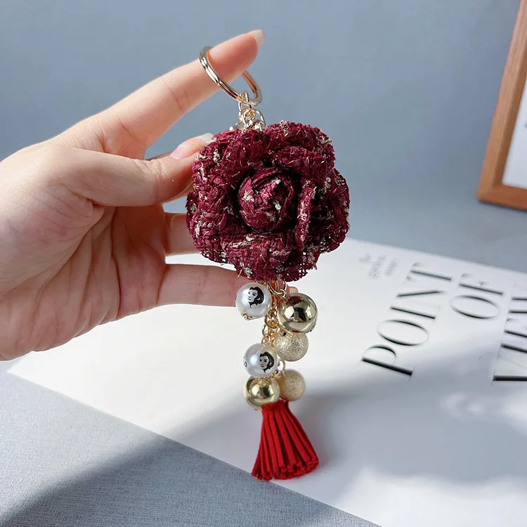 key pendant Camellia flower pearl keyrings tassel bag pendant  fashionable car keychain Accessories for jewelry