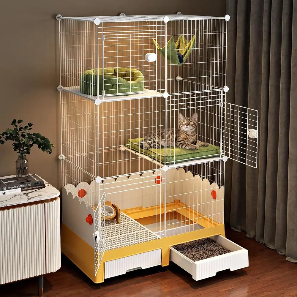 Large Cat Cage with Litter Box & Enclosure,62.2