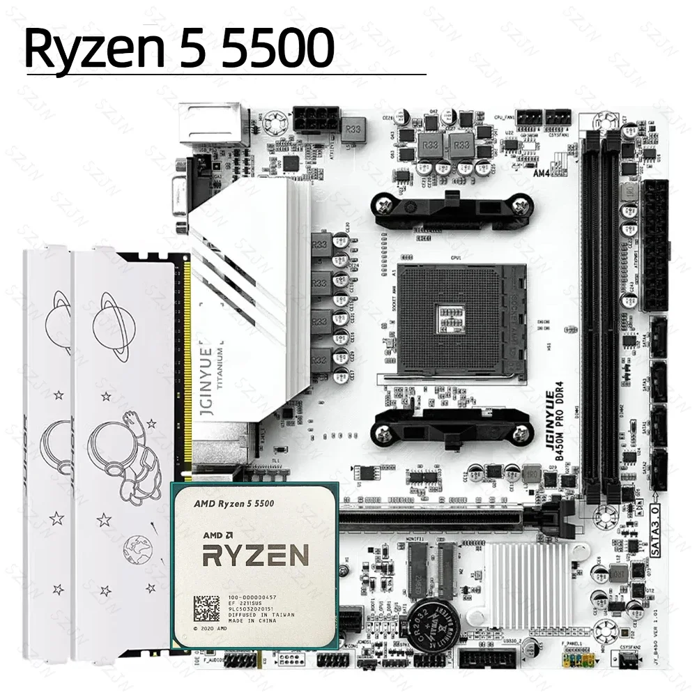 Комплект материнской платы JGINYUE AMD Kit AM4 B450M PRO с процессорами AMD Ryzen R5 5500, 2*16 ГБ = 32 ГБ DDR4 3200, двухканальная память Комплект материнской платы JGINYUE AMD Kit AM4 B450M PRO с процессорами AMD Ryzen R5 5500, 2*16 ГБ = 32 ГБ DDR4 3200, двухканальная память