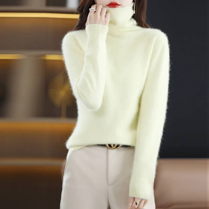 Autumn and Winter New Women\'s Clothing Sweater 100% Mink Cashmere Pile Collar Pullover Casual Knitted Basic Large Size Tops