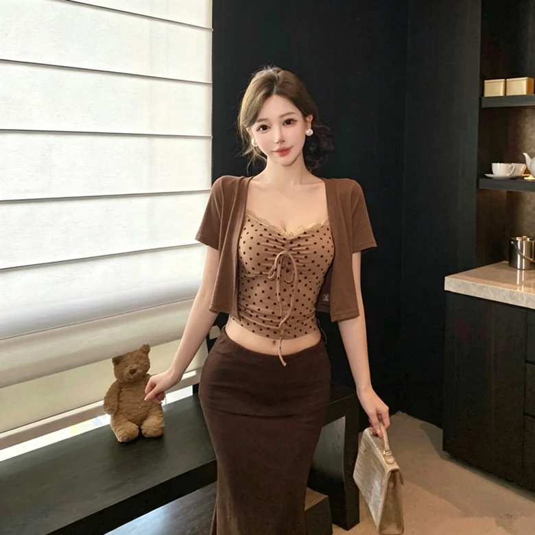 

Pure Desire Lace Splice Polka Dot Strap Vest Short Sleeve Open Cardigan Fish Tail Skirt Summer Three Piece Set Women's F...