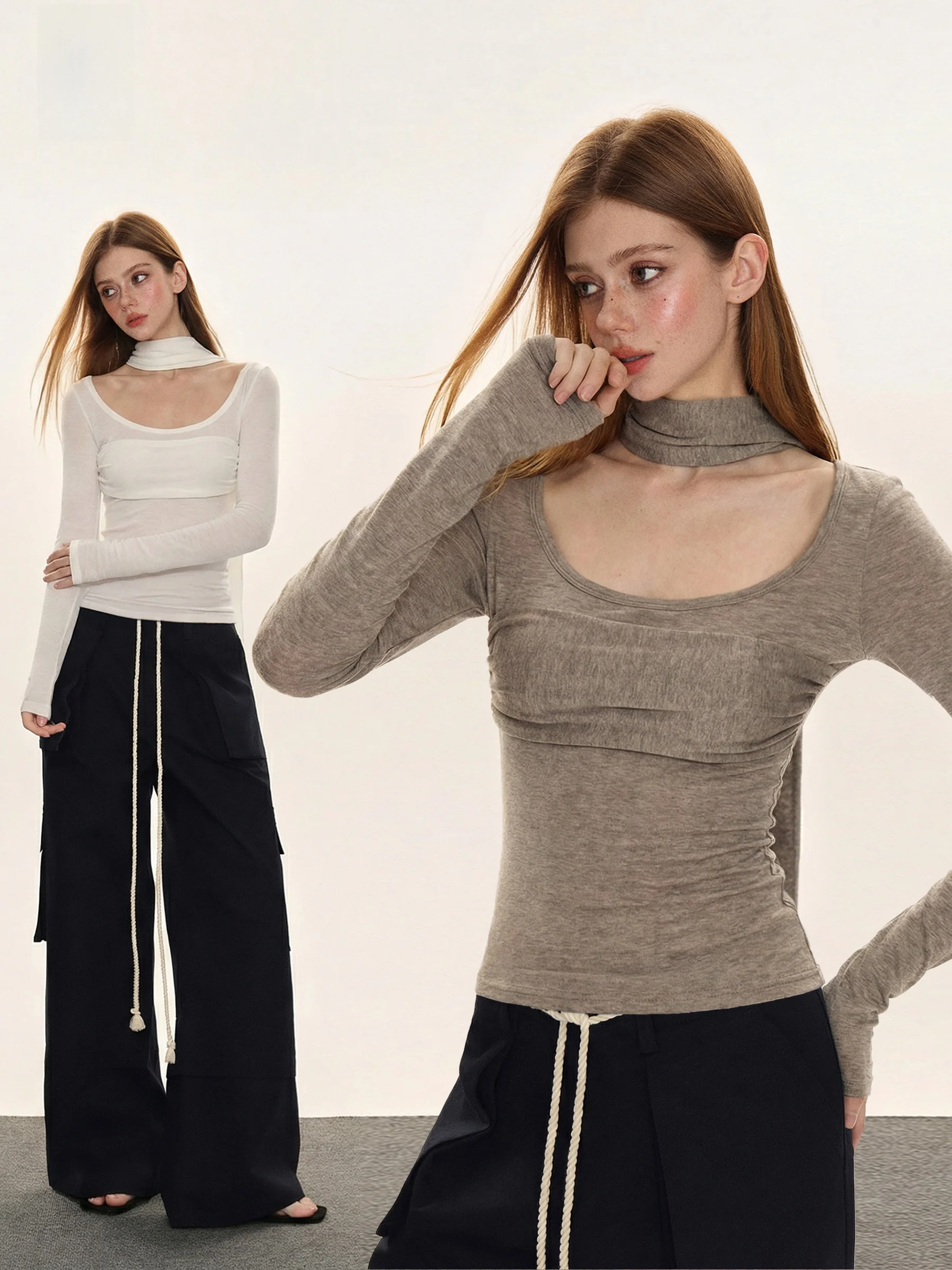 

Pure Desire Women's Long Sve Ne Hanging Base irt Slimming Waist Design Spring Faion High Collar Trendy Girl Top