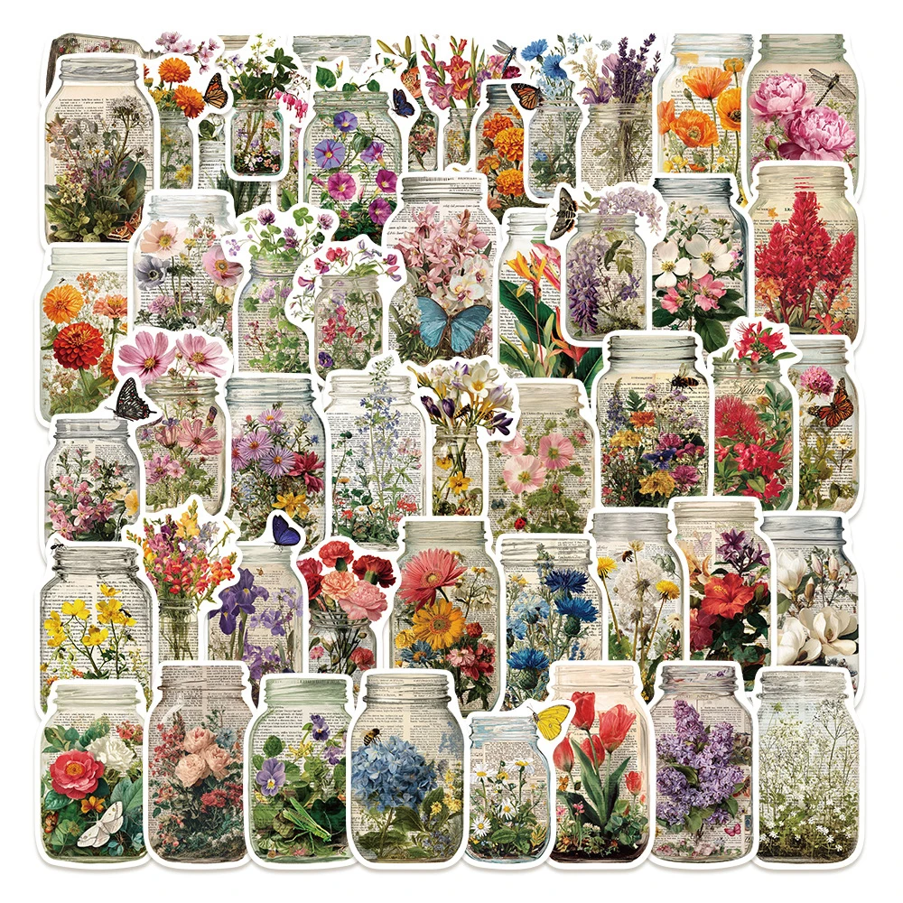 

10/30/50pcs Retro Bottle Flower Graffiti Stickers Cartoon Creative Sticker Decoration Scrapbook Luggage Laptop Waterproof Decals