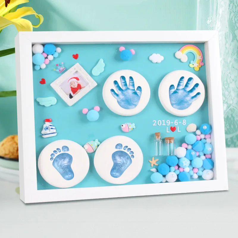 Baby\'s Full Moon Stereoscopic Hand Foot Printing Mud One Year Old Hand Model Souvenir 28.4x33.4CM Wooden Photo Frame Decoration