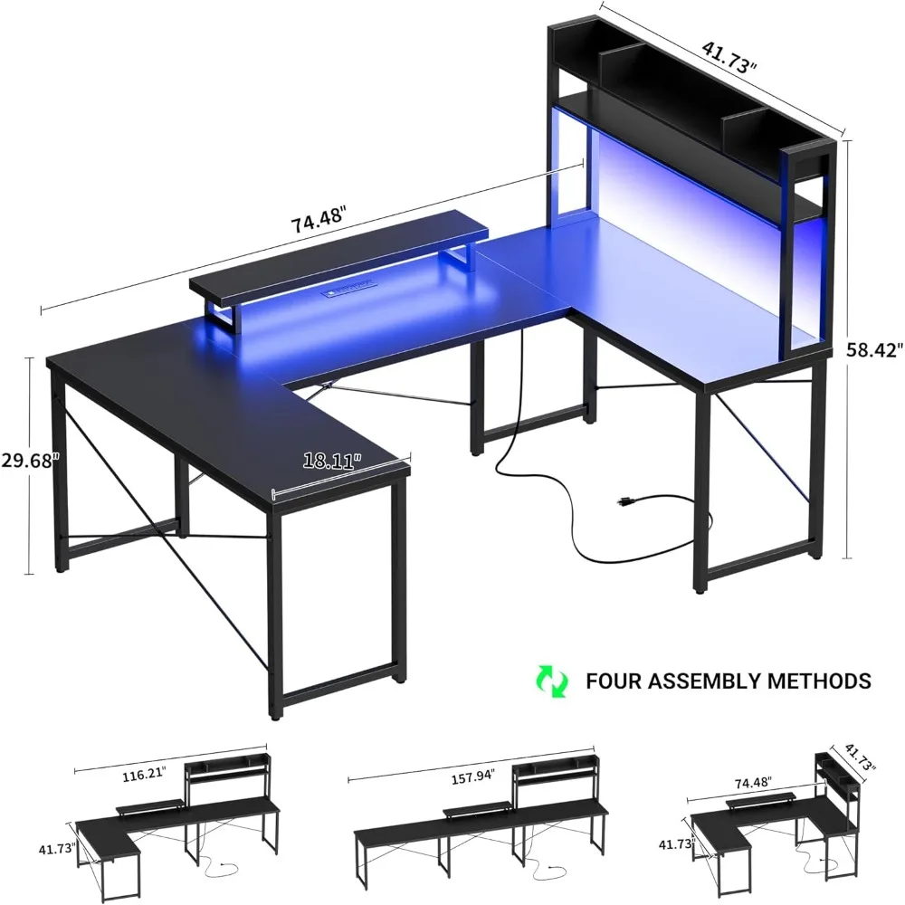 U-vormig bureau met hok, omkeerbaar L-vormig computerbureau met stopcontacten en LED-strip, grote kantoortafel met