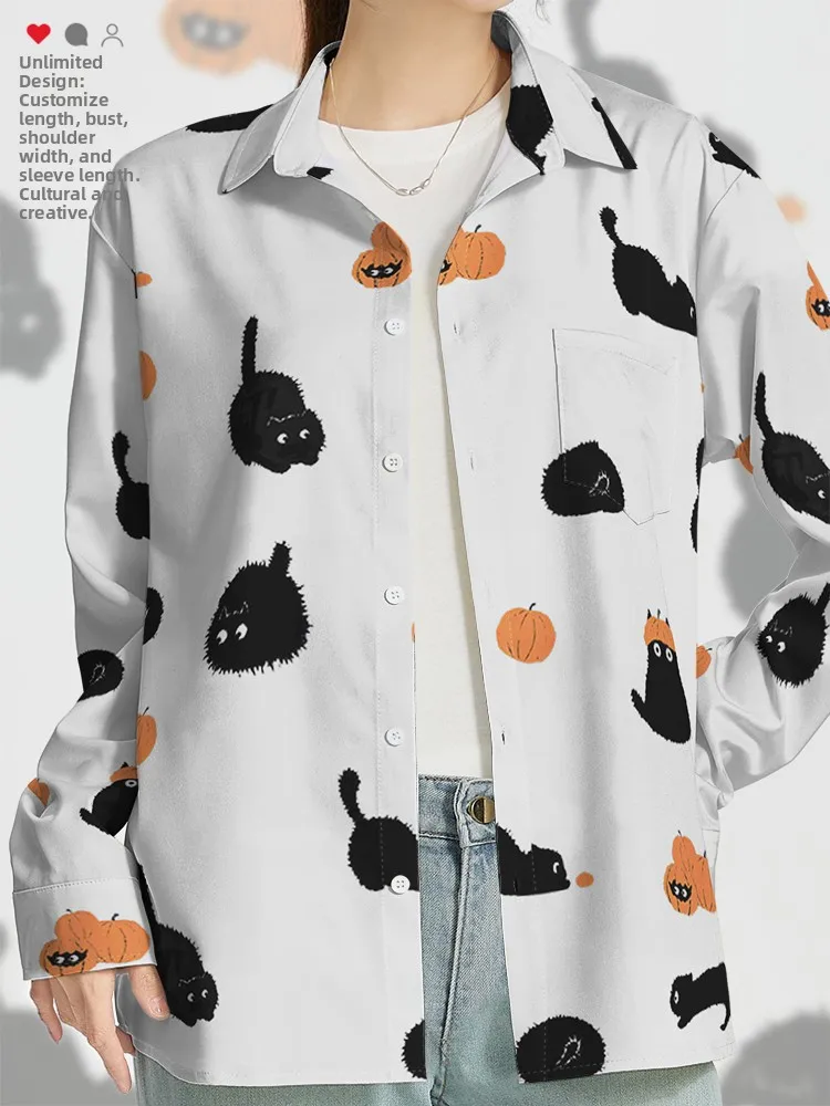 

loween Cartoon Bla Pattern Long Sve irt ex Casual Sle Polyester Fiber Print Design Student Couple Suitable