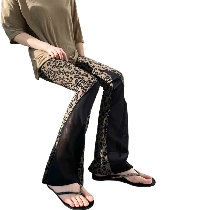 

Leopard Print Contrasting Color Slightly Pulled Pants Summer Thin Versatile Large Size Fat High Waist Casual Sports Flared Pants