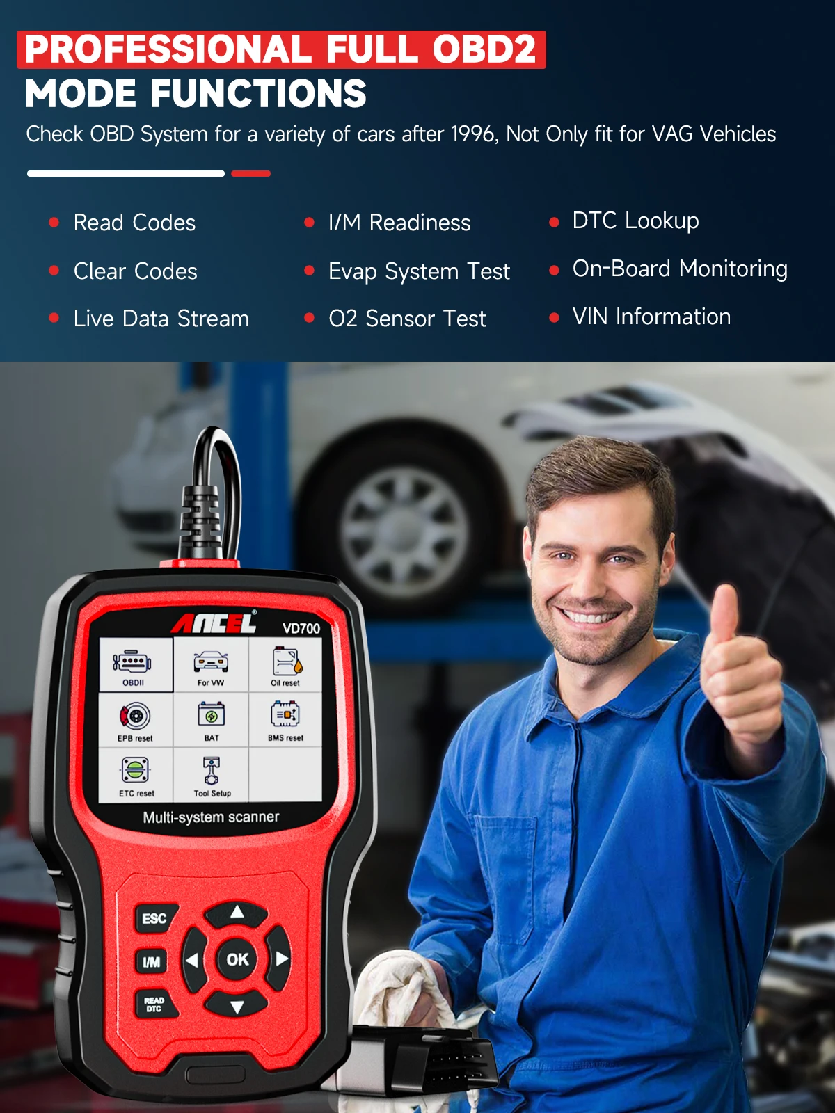 Ancel VD700 OBD2 Scanner Car Code Reader Full System Diagnostic Scan Tools EPB ABS DPF TPMS Oil Reset for VW Audi Skoda Seat