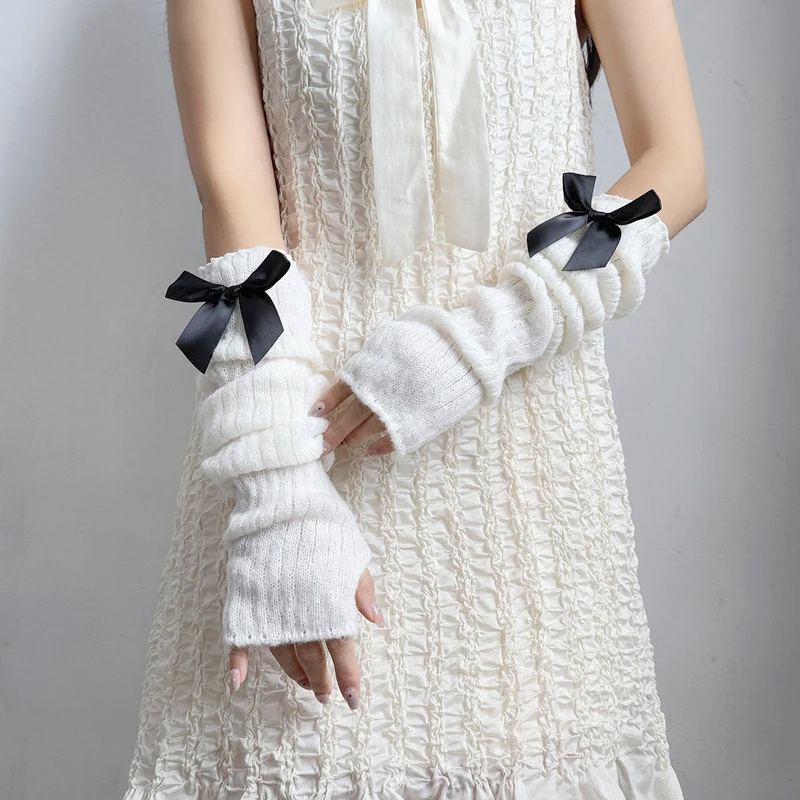 Zoete strik gebreide warme armmouwen meisje zachte elastische stof decoratieve vingerloze lange handschoenen feest casual mode-accessoire