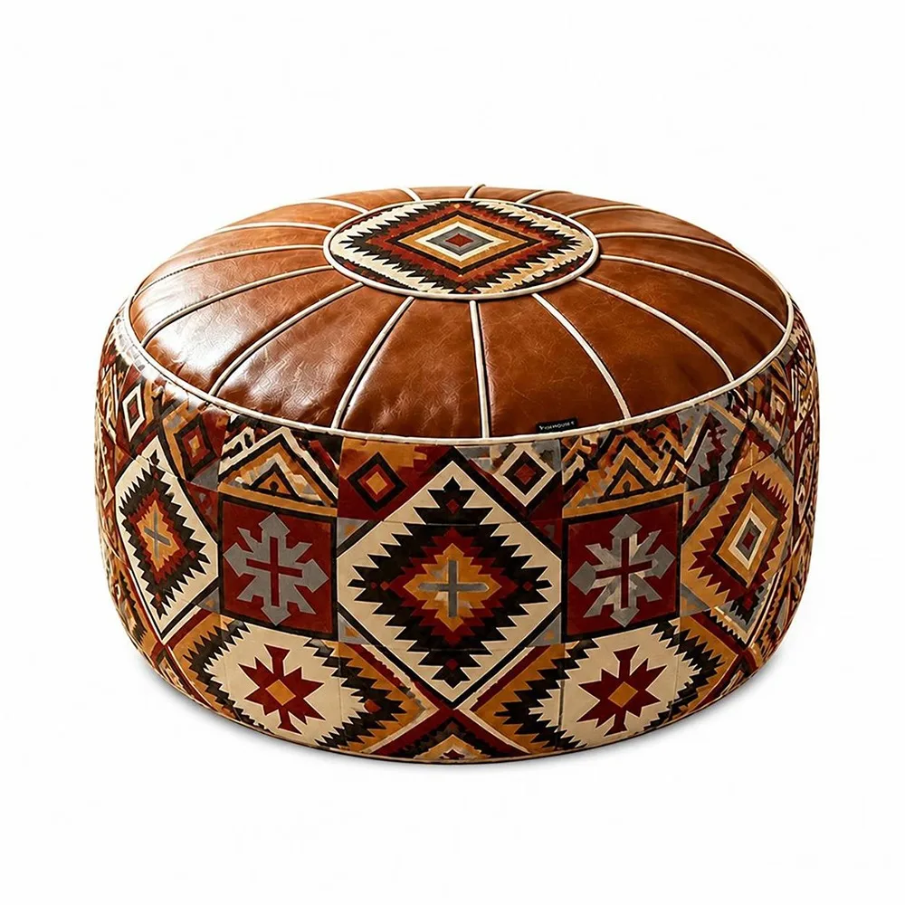 PU Leather Fillable Ottoman Pouf Round Shape Moroccan Style Round Pouf Cover Embroidered Pattern Floor Seat Cushion Living Room