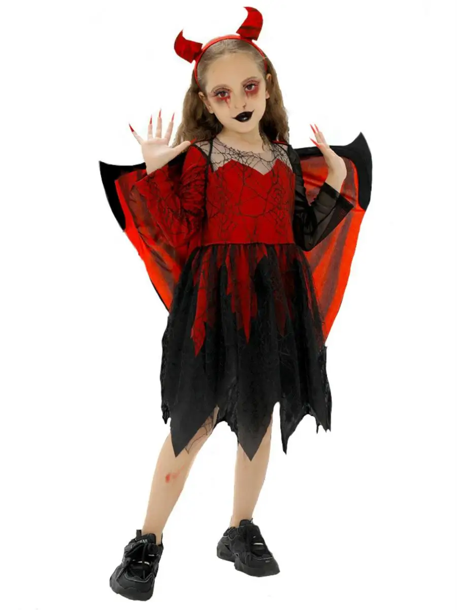 Nieuwe aankomst kinderprestatiekostuum heksenhoed gevouwen Halloween-outfit spinnenweb vleermuis gewaad polyester materiaal