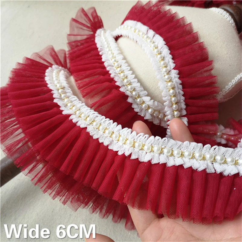 6CM Wide Double Layers Mesh Fabirc Pleated Lace Beaded Fringe Trim Ribbon Wedding Dress Garment Collar DIY Sewing Guipure Decor