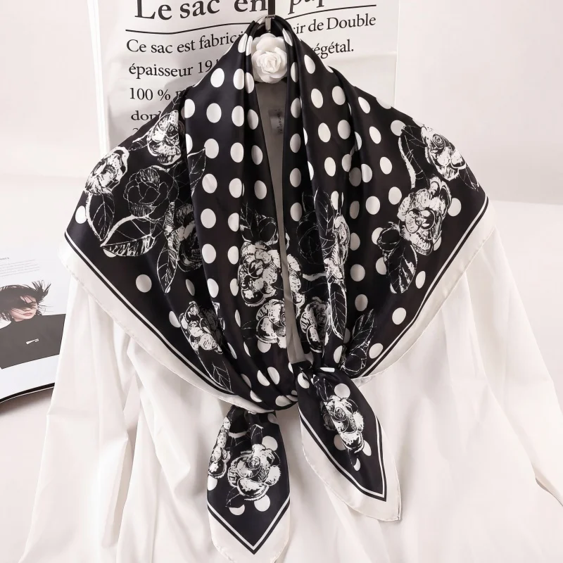 

Vintage Satin Square Scarf Women Summer Hijab Sketch Camellia Polka Dot Print Neck Wrap Hair Tie Lightweight Casual Accessory