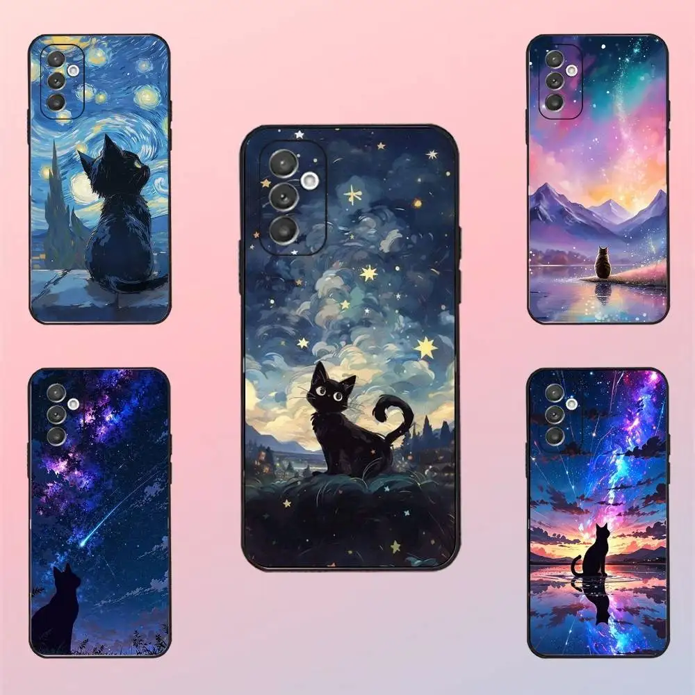 

Artistic Black Cat Starry Night Phone Case For Samsung S 25,24,23,22,30,21,10,9,Ultra,Plus,Lite,FE,4,5 G Black Soft Case