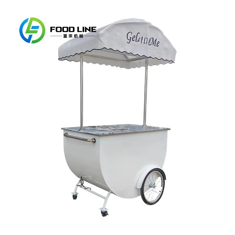 

Customized Outdoor Push Ice Cream Snack Cart Commercial Aluminum Alloy Frame Rustproof Vending Cart