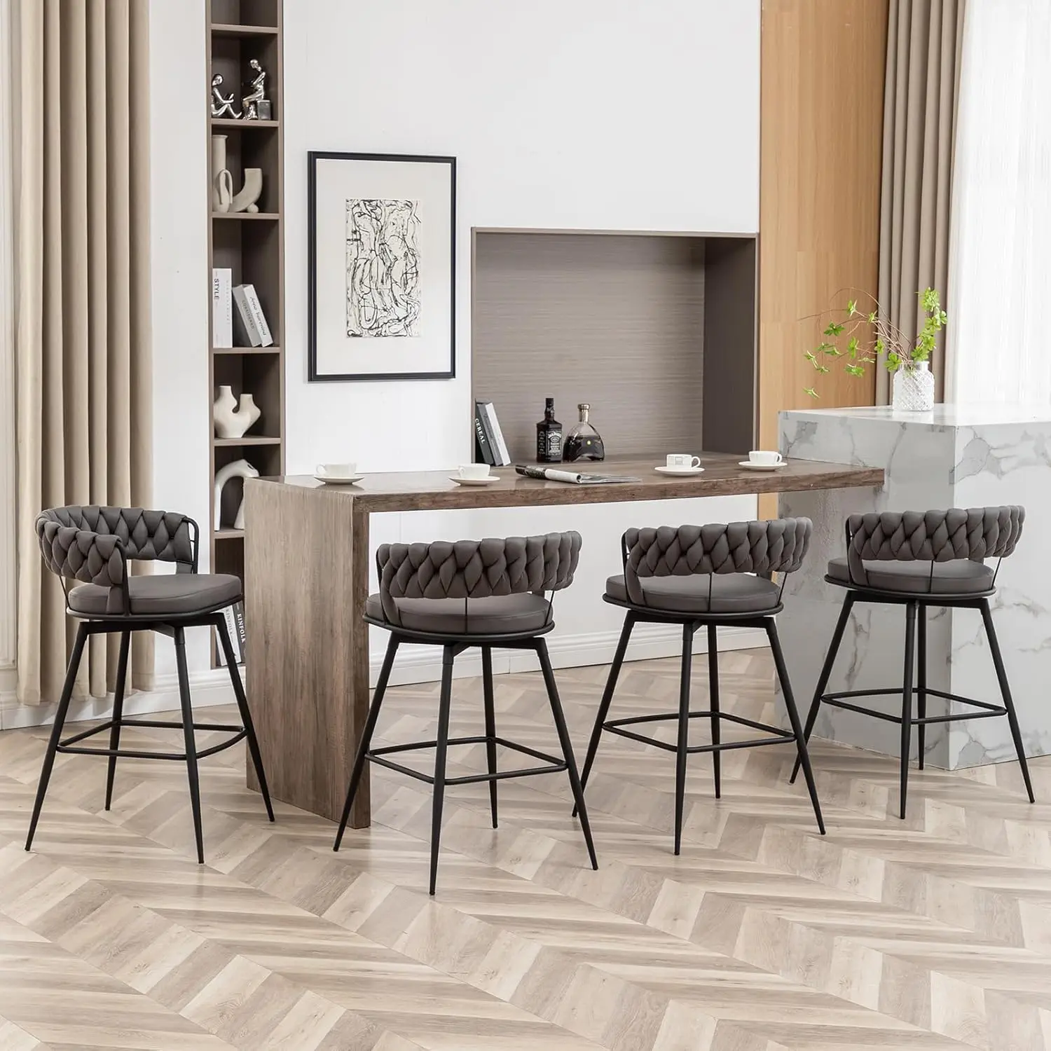 

26" Bar Stools Set of 4, Modern with Woven Back, 360° Swivel for Kitchen Island, Cafe, Bar