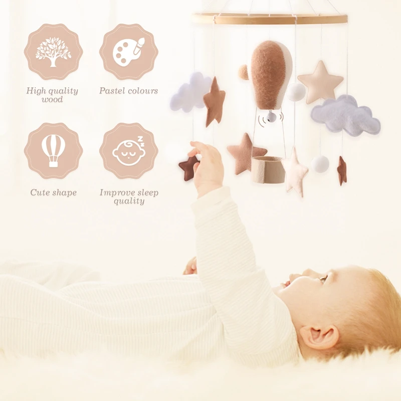 Sonajeros de madera de juguete para cuna de bebé, campana para cama móvil, globo caliente de fieltro suave, campana para cama musical para recién nacido, juguetes colgantes, soporte para cuna, regalos para bebé
