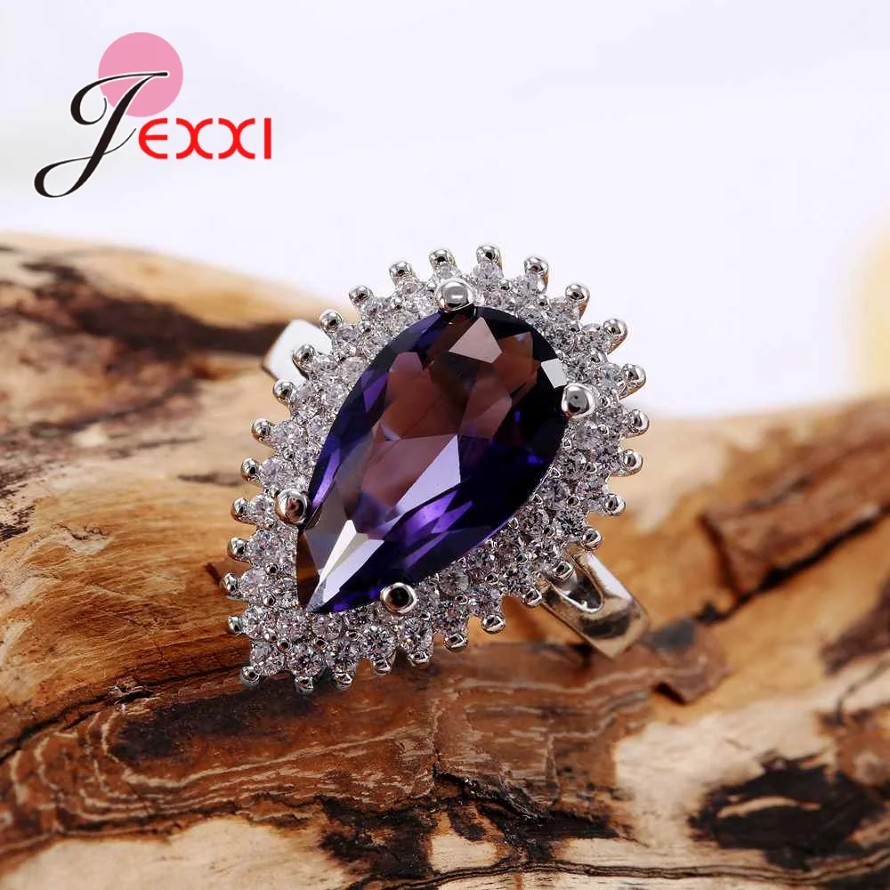 Women Luxury Purple Water Drop Austrian Crystal Wedding Engagement Rings Accessory Fashion 925 Sterling Silver Ring Gift