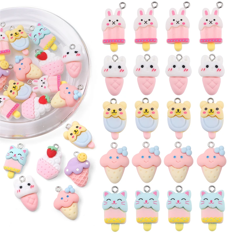 6Pcs Cute Rabbit Cake Cat Cloud Ice Cream With Resin Accessories Charms Pendants Handmade Jewelry DIY Earring Necklace Keychain