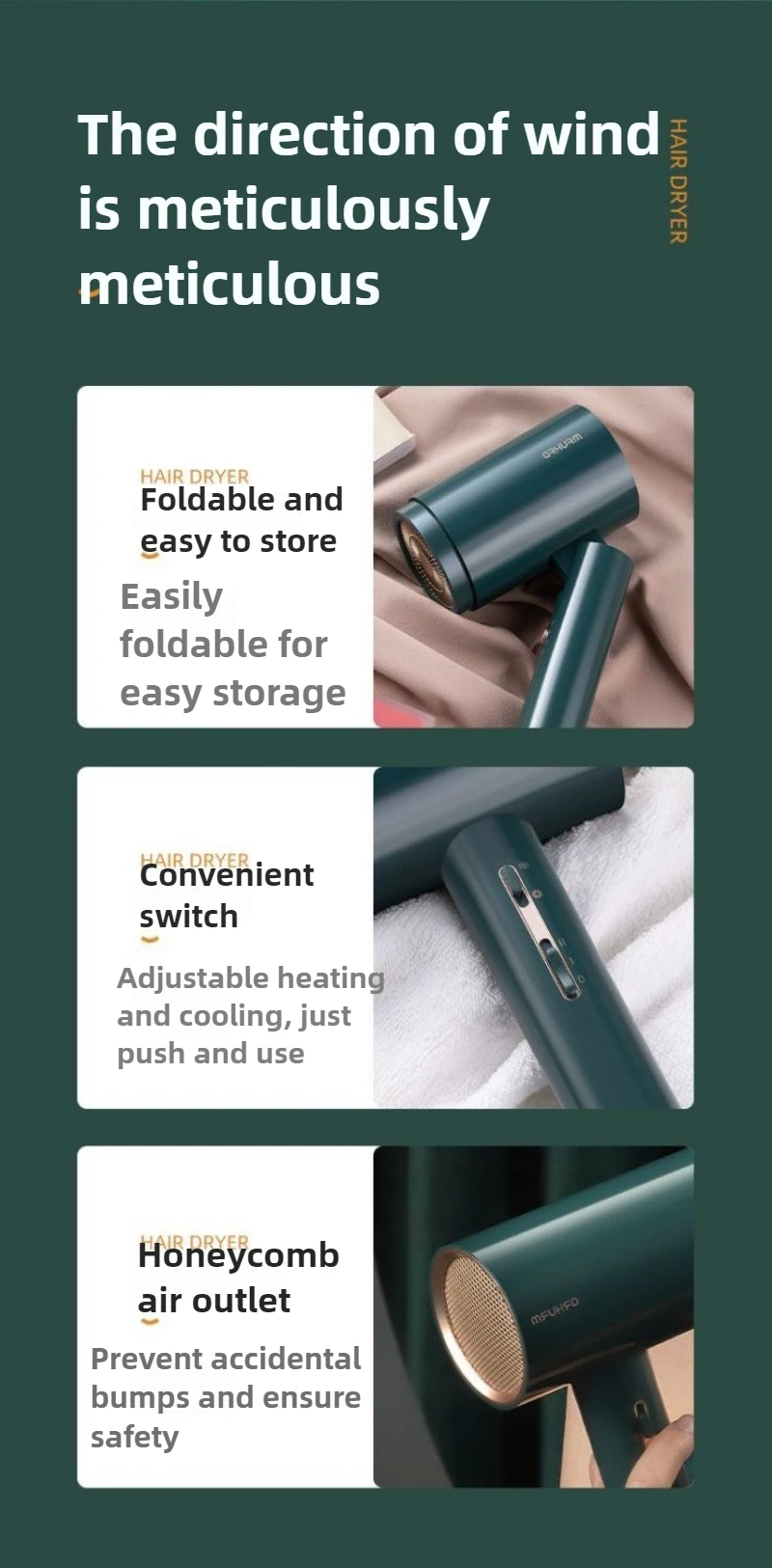 Secador de pelo plegable para el hogar, 1800W, alta potencia, secado rápido, iones negativos, cuidado del cabello, 220V 57 °   Temperatura constante