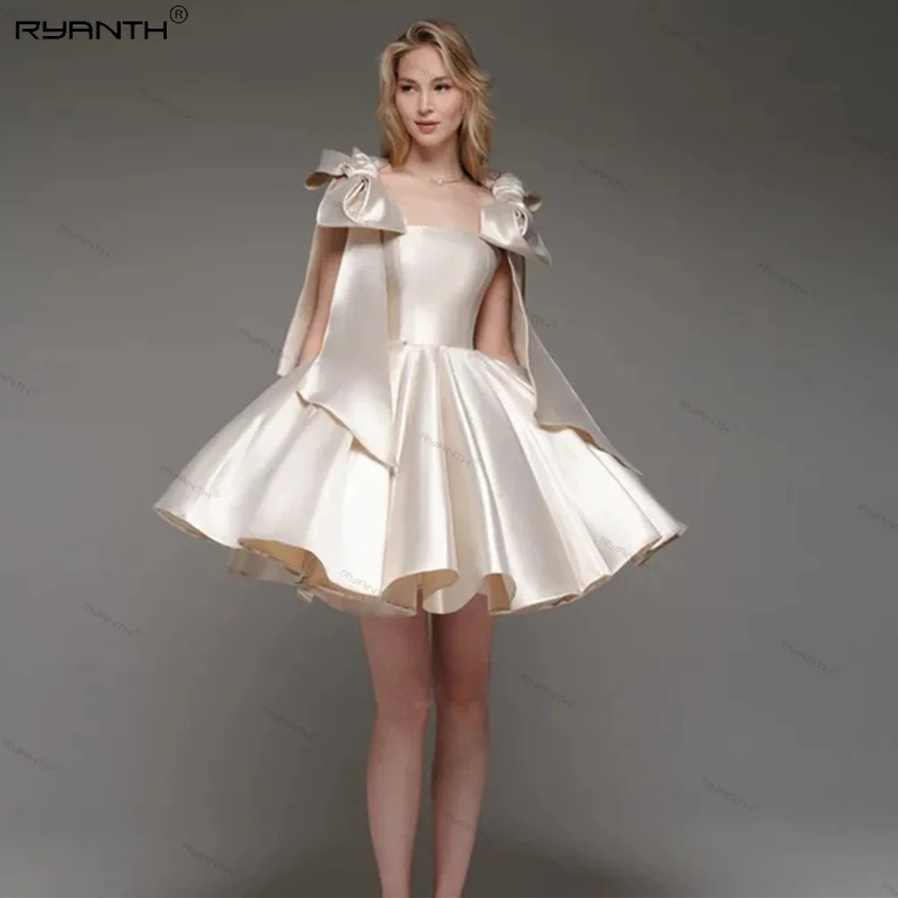 Ryanth Champagne Short Prom Dresses Bow Straps Satin Strapless Graduation Dress Lace Up Back A Line Birthday Dress Women 2024