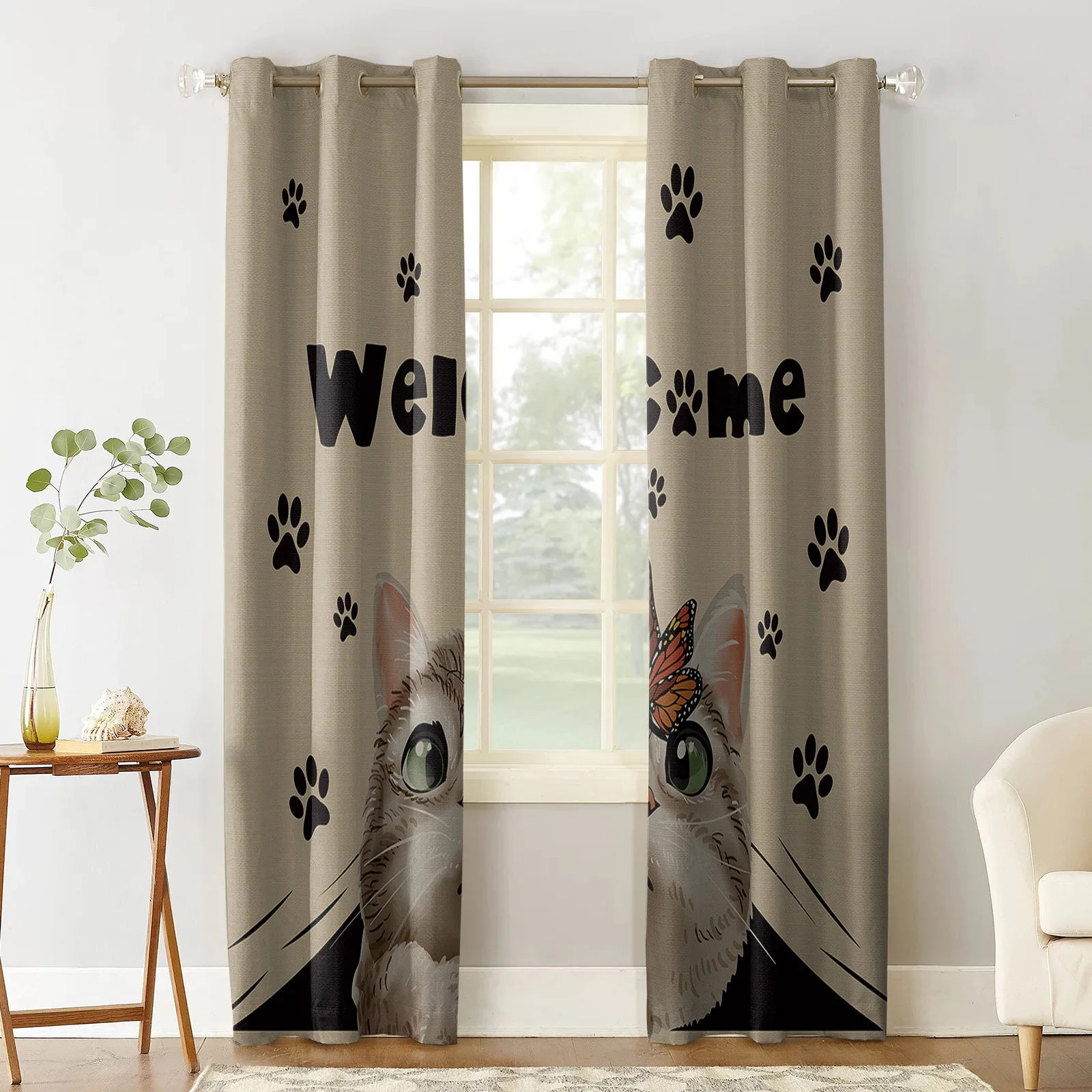 Cat Paw Retro Cute Welcome Curtains for Living Room Window Panels Bedroom Kitchen Drapes Home Decor Window Curtain