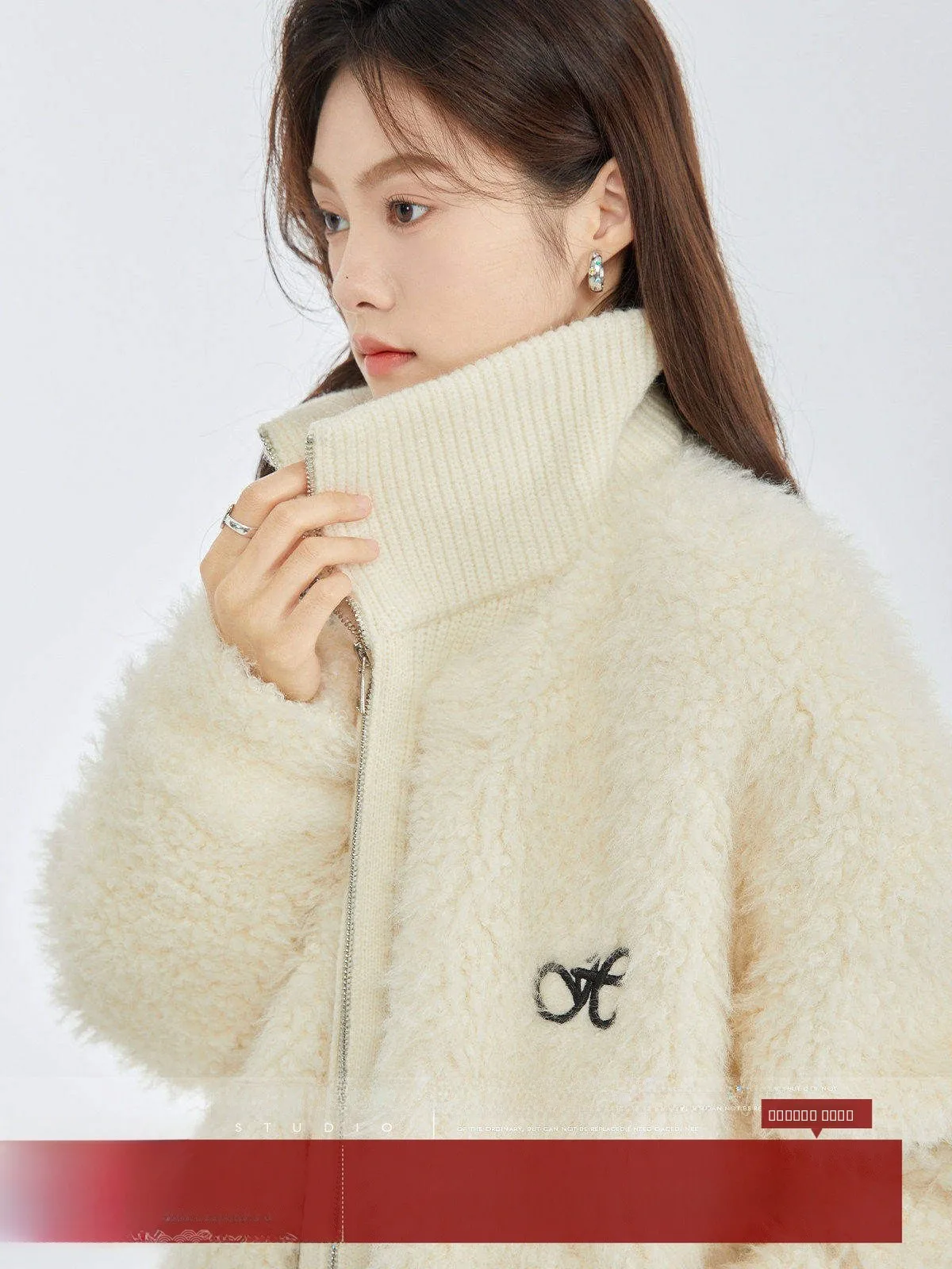 

MoZao Embroidered Lamb Velvet Jaet Women's ort Loose Top Spring Autumn Faion Casual Sle Zipper Closure Regular Length