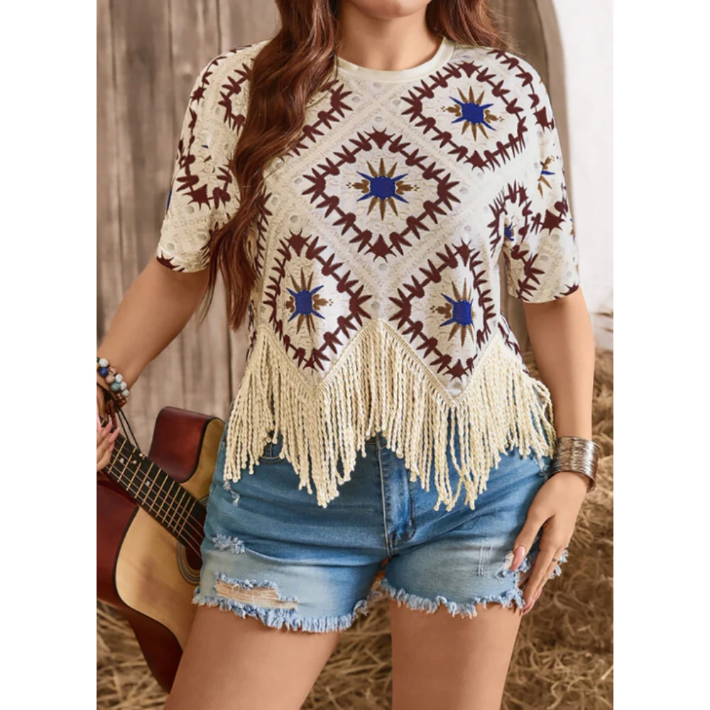 

Plus Size Tassel Ethnic Women's T-Shirt Crew Neck Elegant Short Sleeve Summer Female Tops Tees 2025 Chic Loose Straight T-Shirts